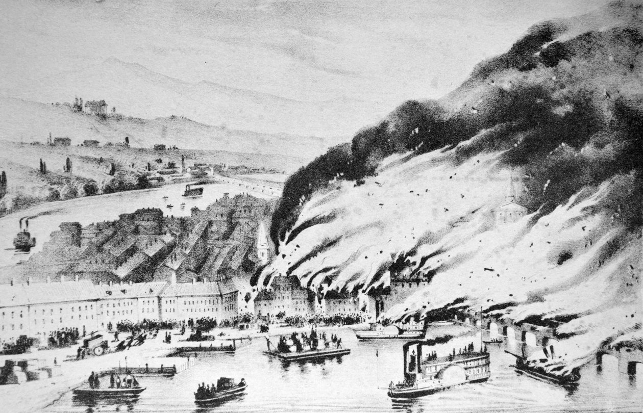 Currier & Ives illusztráció 19. század. Nagy tűzvész Pittsburghben, Pennsylvania államban alkotó: N. and Ives, J.M. Currier
