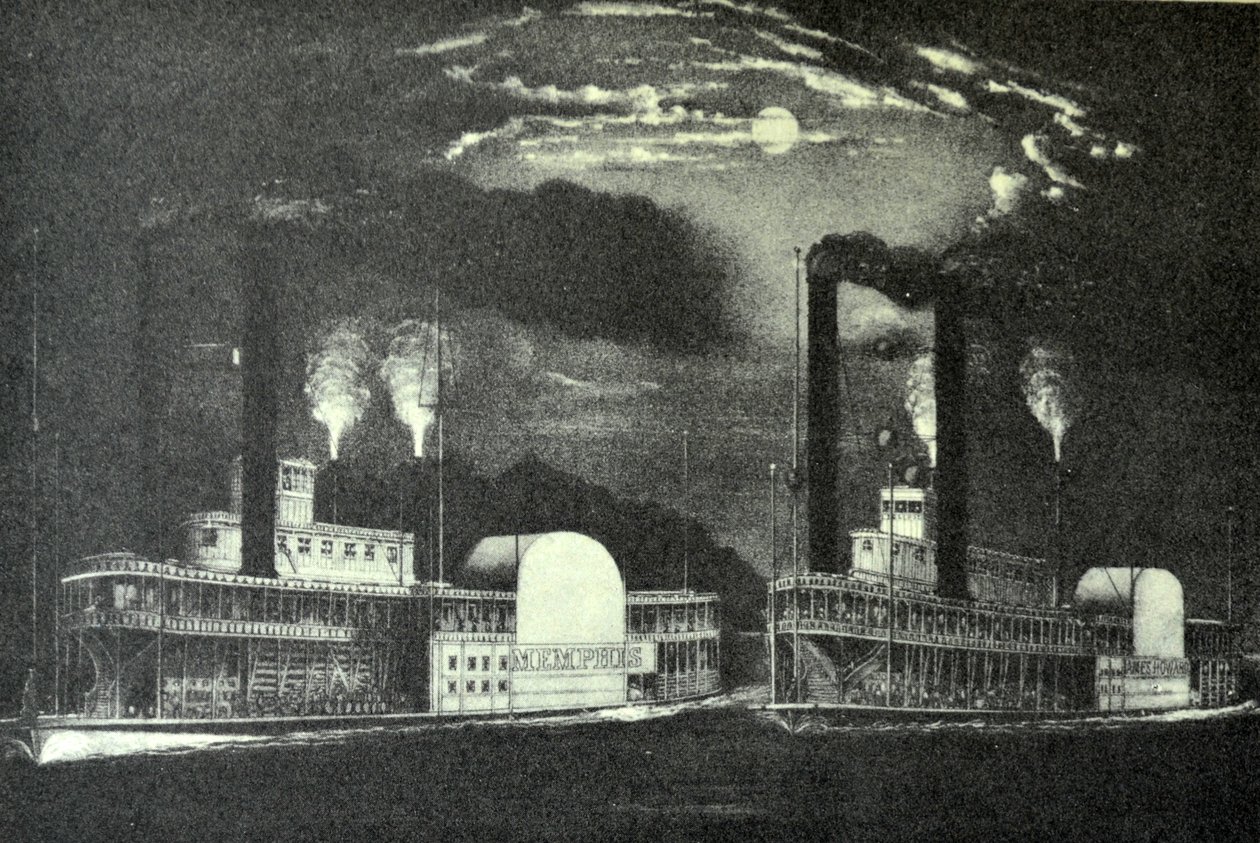 Currier & Ives illusztráció 19. század. Midnight Race a Mississippin alkotó: N. and Ives, J.M. Currier