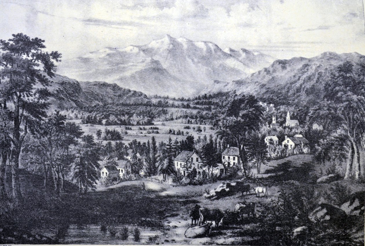 Currier & Ives illusztráció 19. század. Mount Washington és a Fehér-hegység. Conway völgyéből alkotó: N. and Ives, J.M. Currier