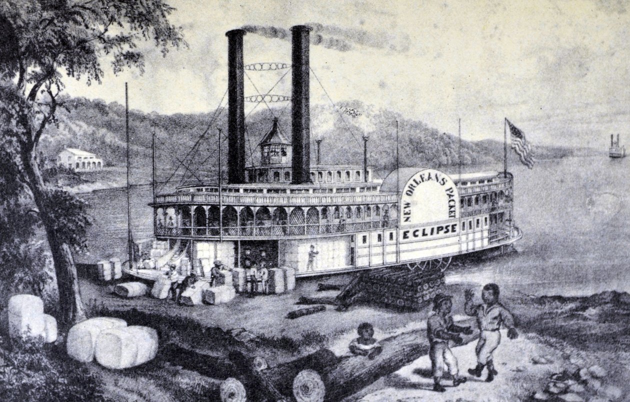 Currier & Ives illusztráció 19. század. A Mississippin, pamut berakodása alkotó: N. and Ives, J.M. Currier
