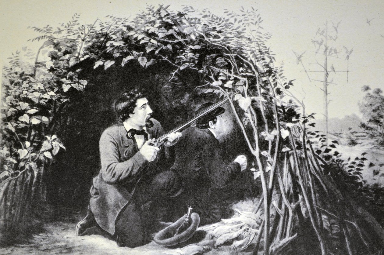 Currier & Ives illusztráció 19. század. Galamblövészet, csali játék alkotó: N. and Ives, J.M. Currier