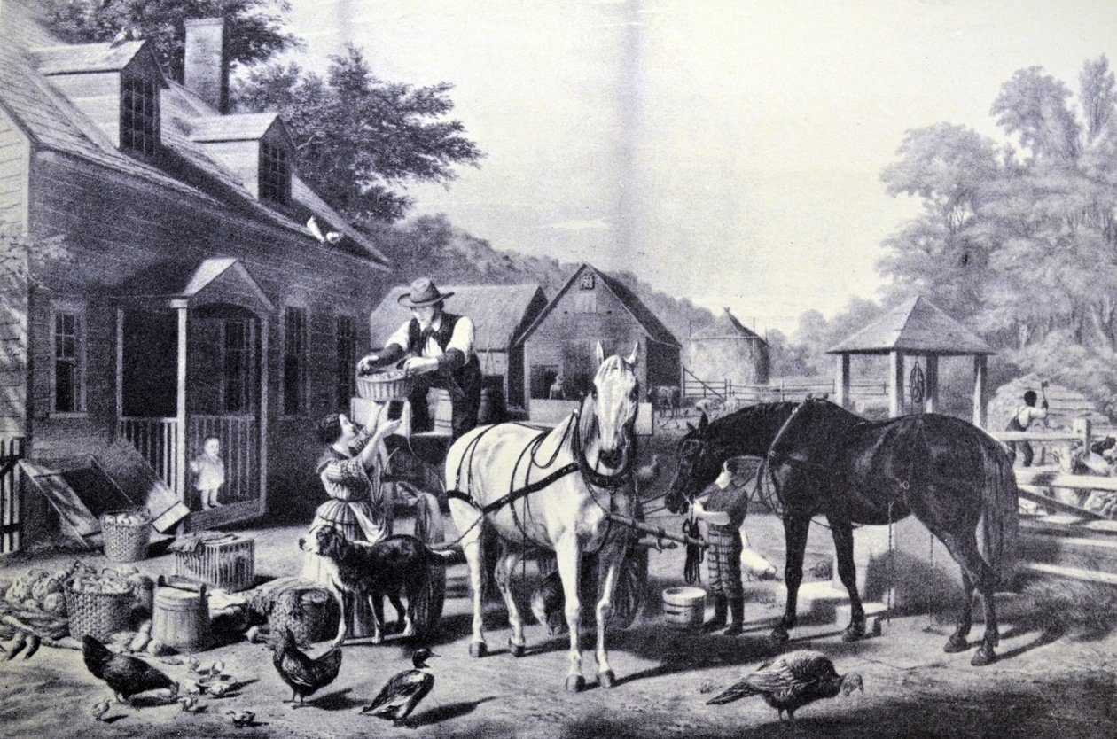 Currier & Ives illusztráció 19. század. Piacra való felkészülés alkotó: N. and Ives, J.M. Currier