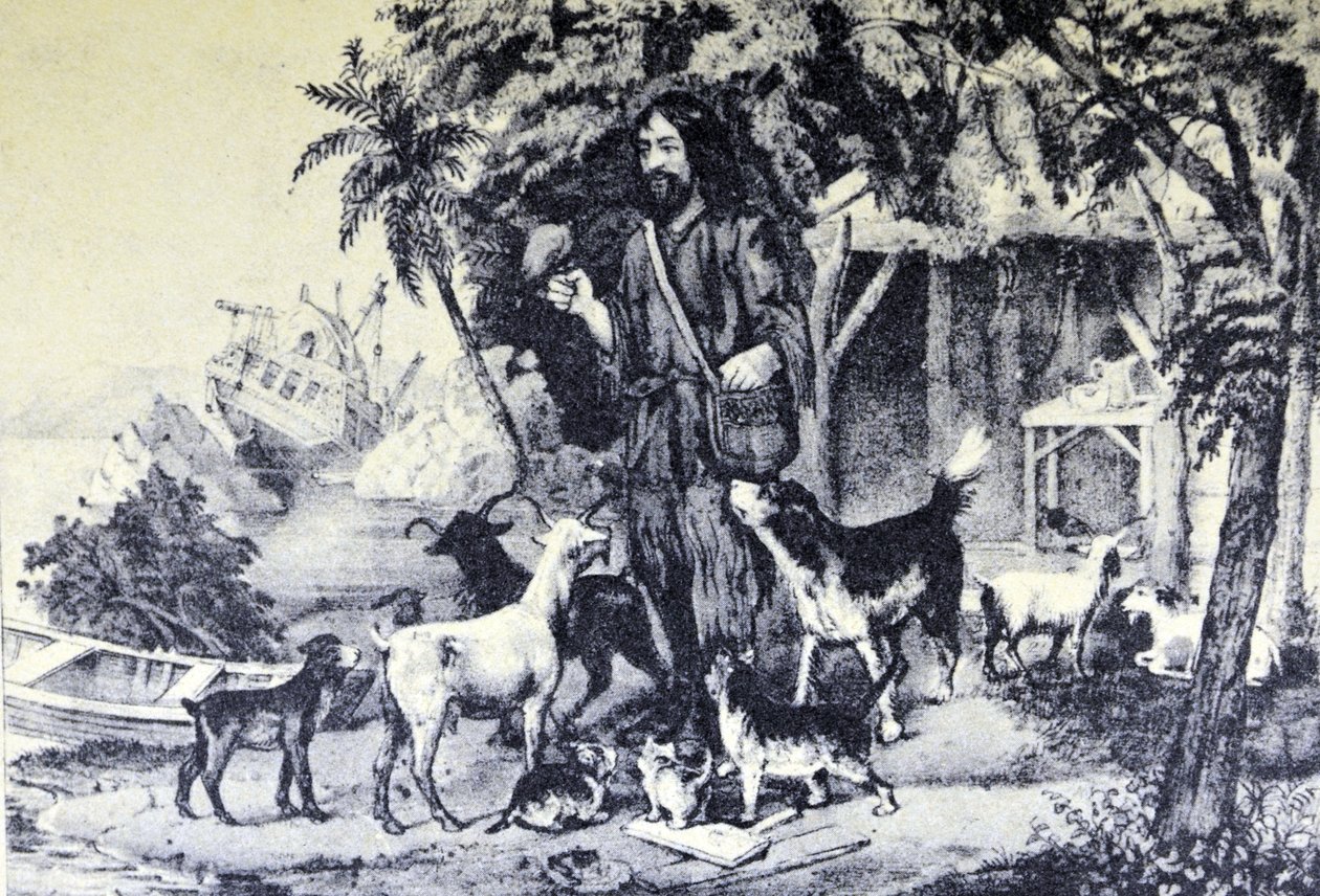 Currier & Ives illusztráció 19. század. Robinson Crusoe és házi kedvencei alkotó: N. and Ives, J.M. Currier