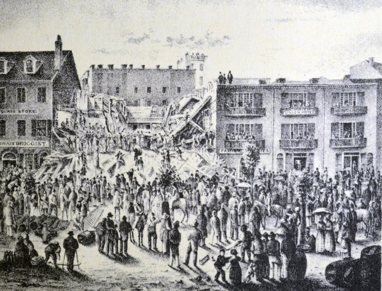 Currier & Ives illusztráció 19. század. A New Orleans-i Planters Hotel romjai alkotó: N. and Ives, J.M. Currier