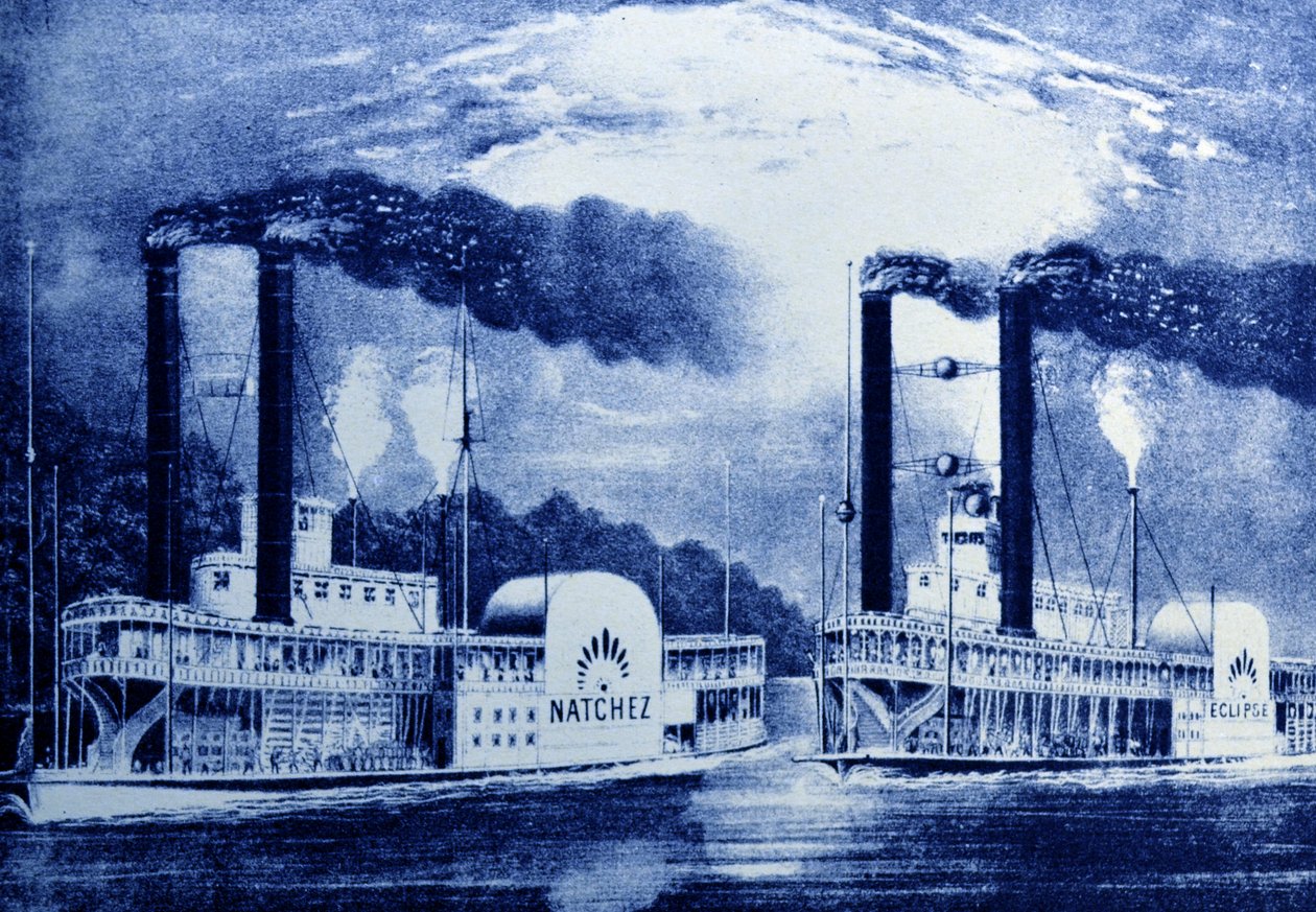 Currier & Ives illusztráció 19. század. Steamboat Race on the Mississippi, IV. felvonás, III. jelenet, Jarrett és Palmers Revival of Uncle Toms Cabin alkotó: N. and Ives, J.M. Currier