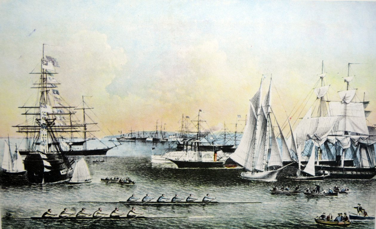 Currier & Ives illusztráció 19. század. Nyári jelenetek a hajókról a New York-i kikötőben alkotó: N. and Ives, J.M. Currier