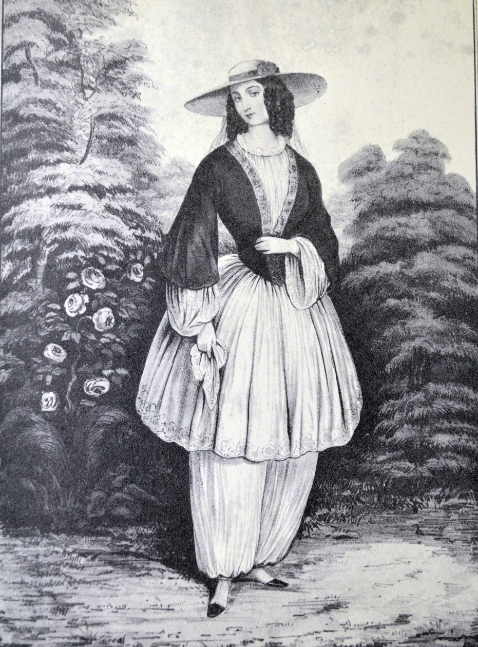 Currier & Ives illusztráció 19. század. A Bloomer jelmez alkotó: N. and Ives, J.M. Currier
