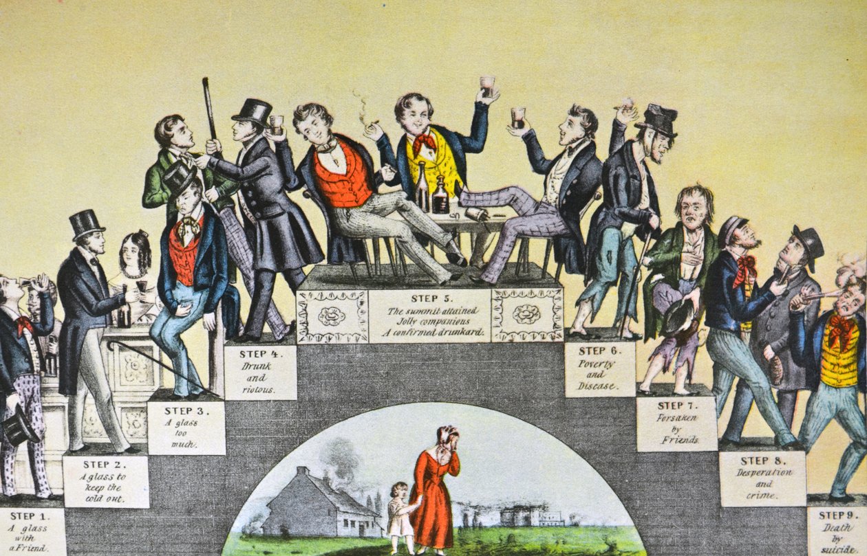 Currier & Ives illusztráció 19. század. The Drunkards Progress, Az első pohártól a sírig alkotó: N. and Ives, J.M. Currier