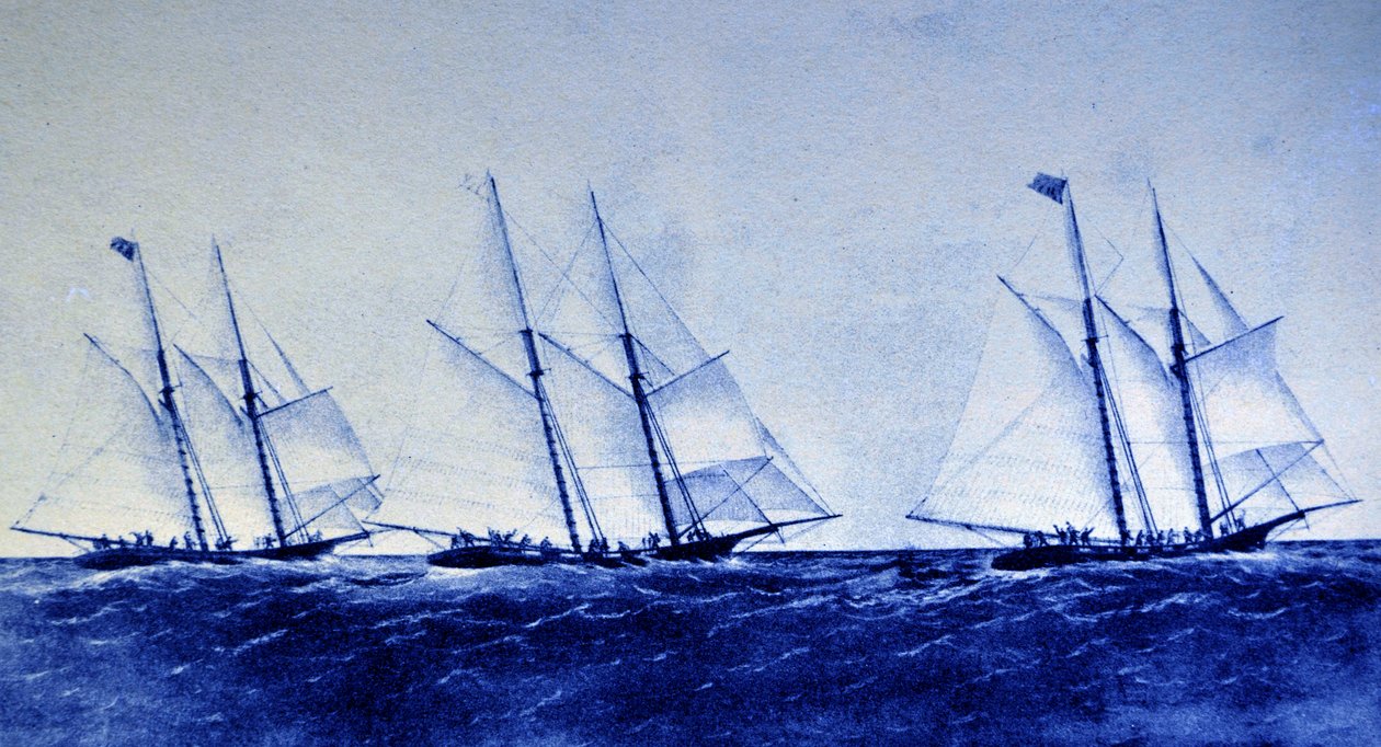 Currier & Ives illusztráció 19. század. A Great Ocean Yacht Race a Henrietta, a Fleetwing és a Vesta között alkotó: N. and Ives, J.M. Currier