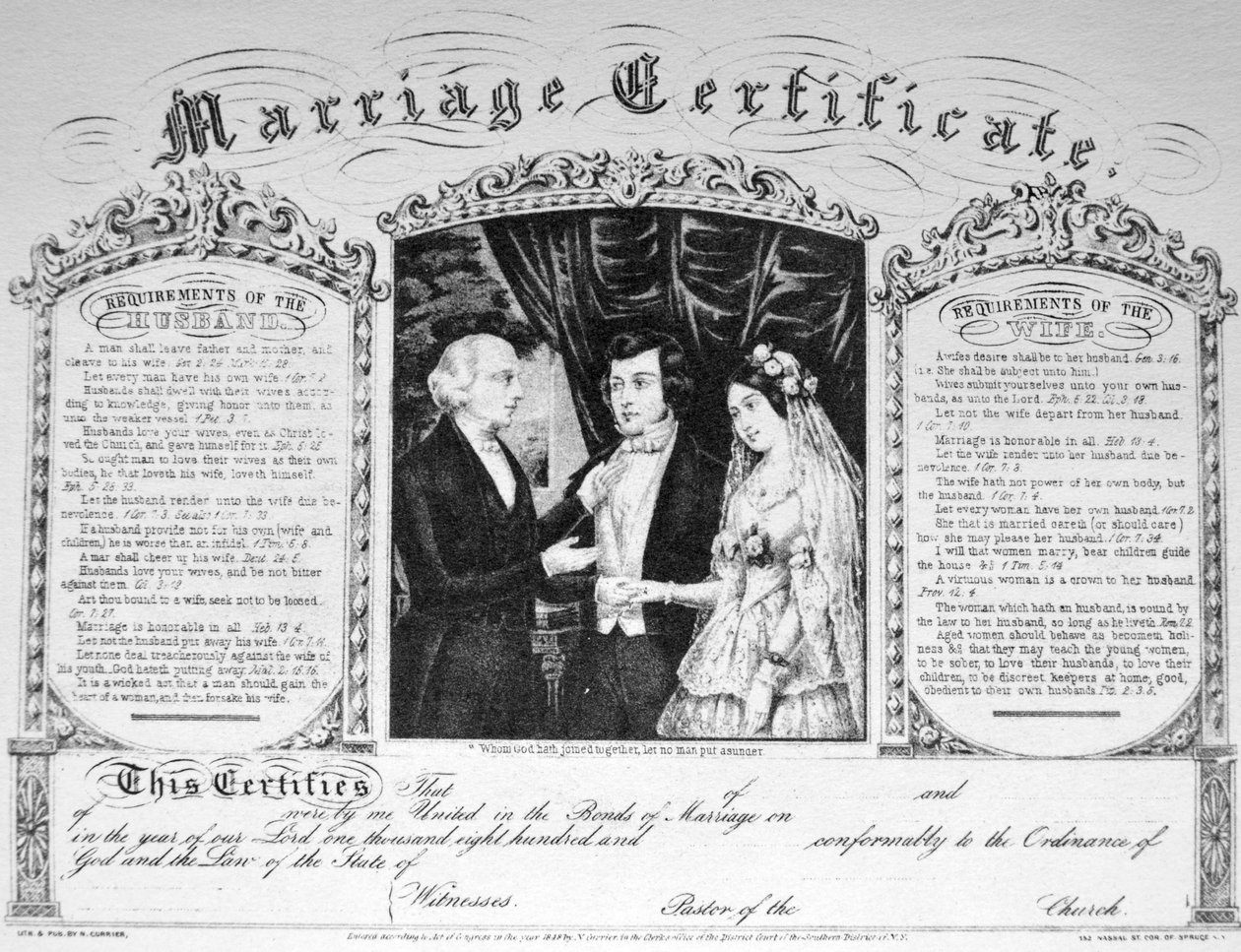 Currier & Ives illusztráció 19. század. A házassági anyakönyvi kivonat alkotó: N. and Ives, J.M. Currier