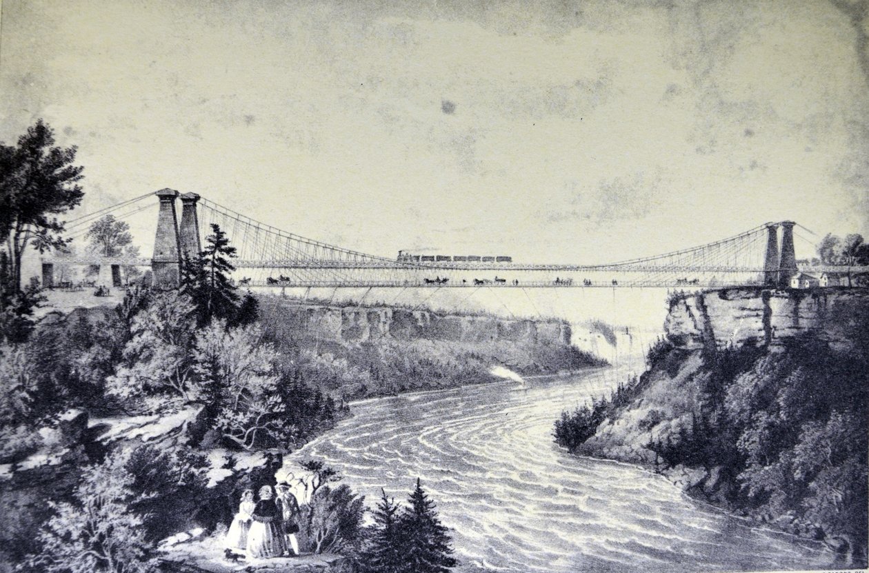 Currier & Ives illusztráció 19. század. A vasúti függőhíd, a Niagara-vízesés közelében. alkotó: N. and Ives, J.M. Currier