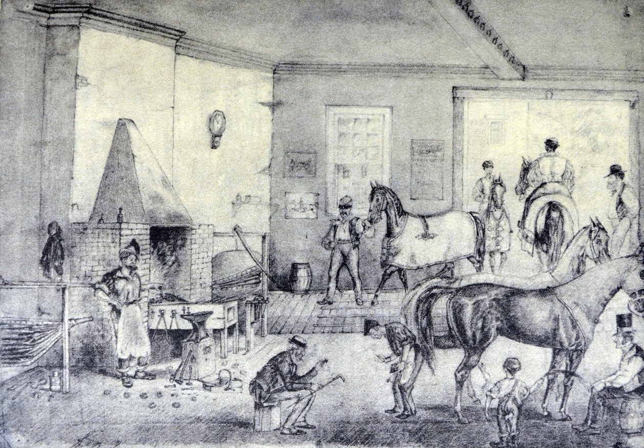 Currier & Ives illusztráció 19. század. Trotting cracks at the Forge (Thomas Worth eredeti rajza, amelyről a nyomat készült). alkotó: N. and Ives, J.M. Currier