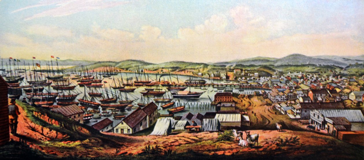 Currier & Ives illusztráció 19. század. Kilátás a kaliforniai San Francisco-ra alkotó: N. and Ives, J.M. Currier