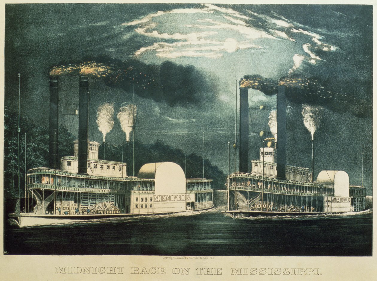 Midnight Race a Mississippin, 1875 alkotó: N. and Ives, J.M. Currier