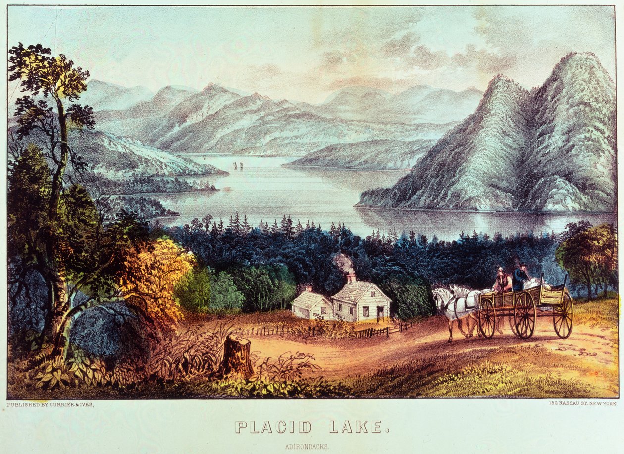 Placid tó, Adirondacks alkotó: N. and Ives, J.M. Currier