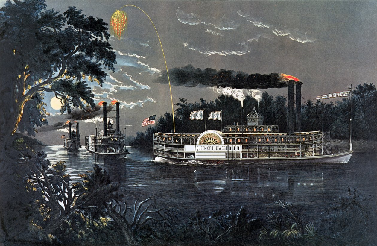 RL 27835 Egy kanyar megkerülése a Mississippi gőzhajón a Nyugat királynője alkotó: N. and Ives, J.M. Currier