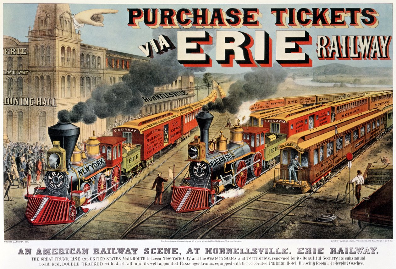Az amerikai vasúti jelenet Hornellsville-ben, Erie Railway (nyomat, 1874) alkotó: N. and Ives, J.M. Currier