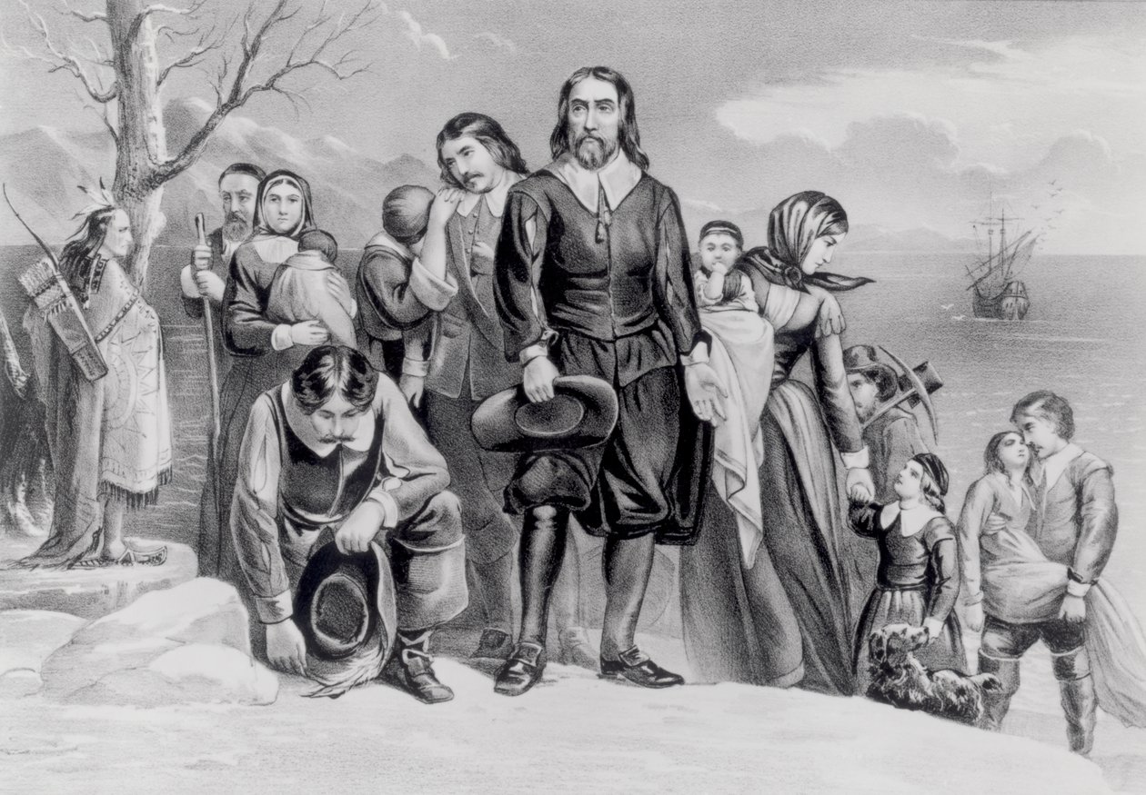 A zarándokok partraszállása Plymouthban, Mass. 1620. december 22., pub. 1876 alkotó: N. and Ives, J.M. Currier