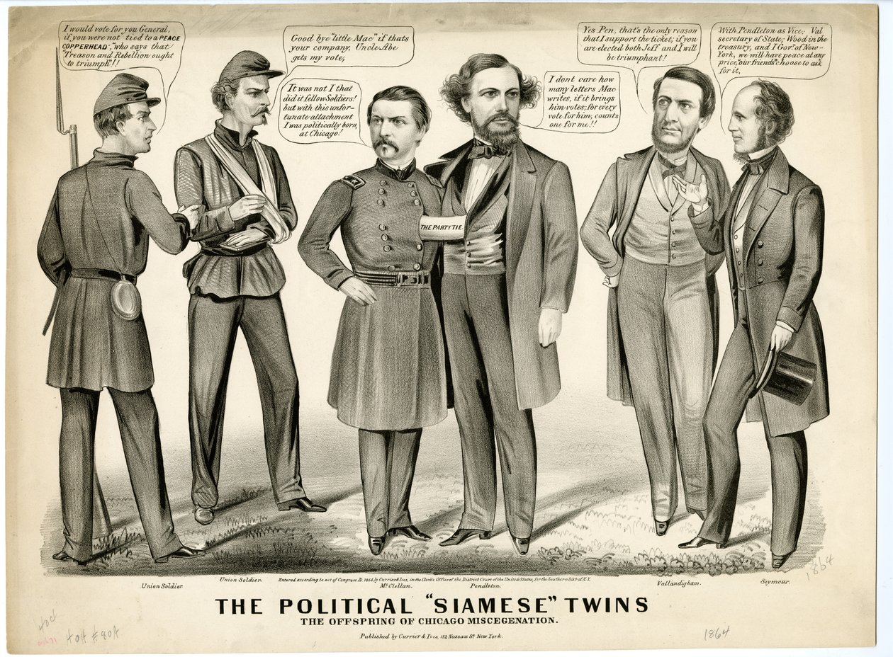 A politikai sziámi ikrek, A chicagói fajkeveredés utódai, 1864 alkotó: N. and Ives, J.M. Currier