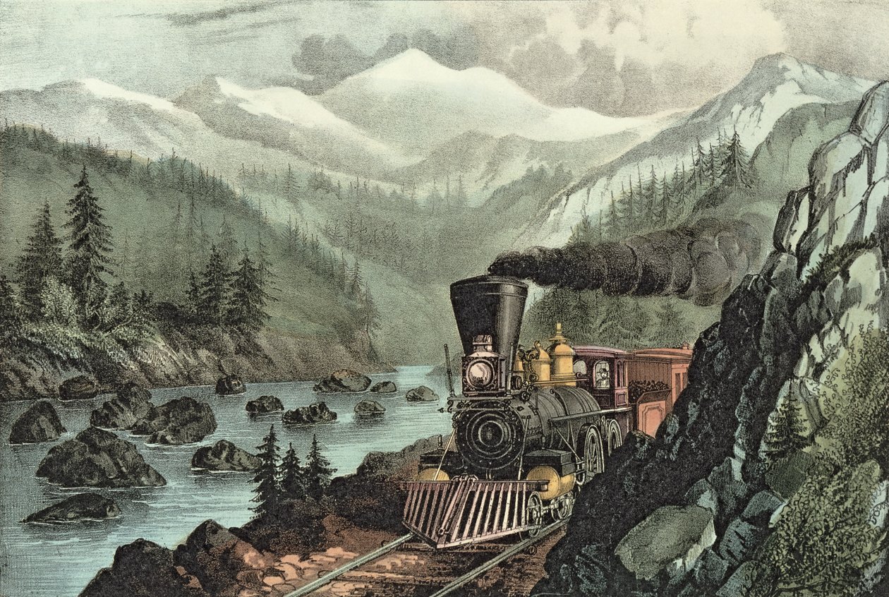 Útvonal Kaliforniába. Truckee River, Sierra Nevada. Közép-csendes-óceáni vasút, 1871 alkotó: N. and Ives, J.M. Currier
