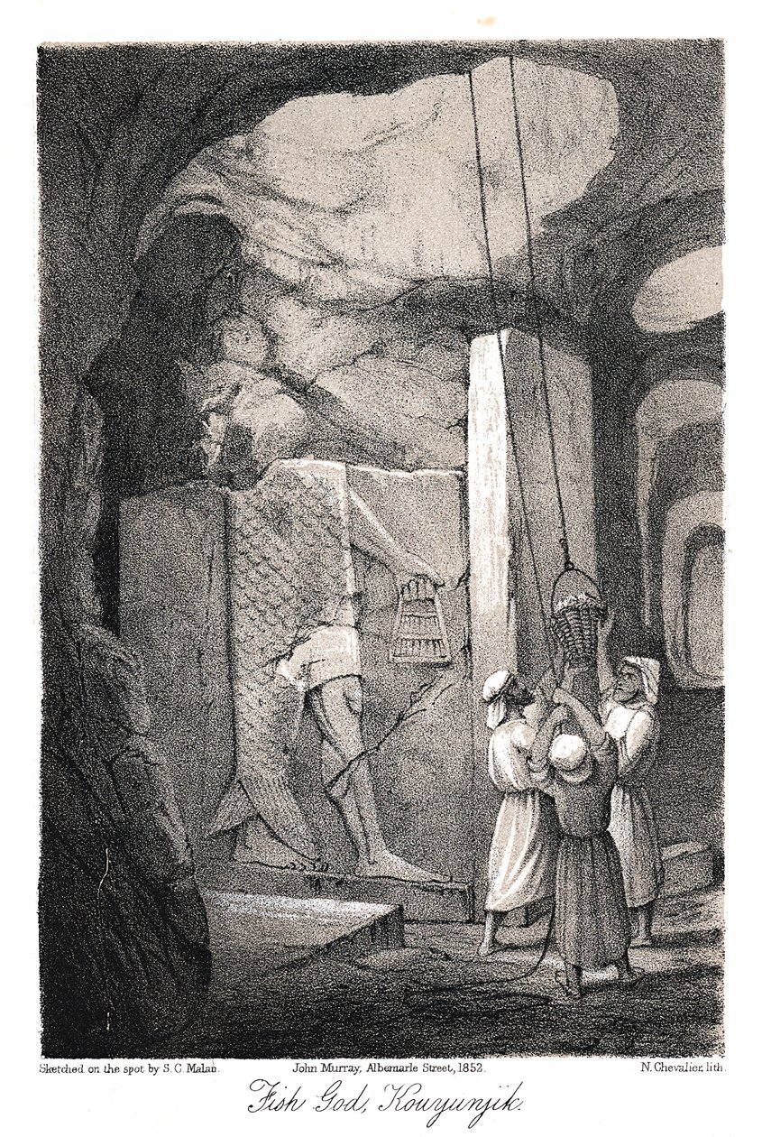 Dagon halistent ábrázoló alacsony domborműves faragvány feltárása, Ninive, 1853 alkotó: N. Chevalier