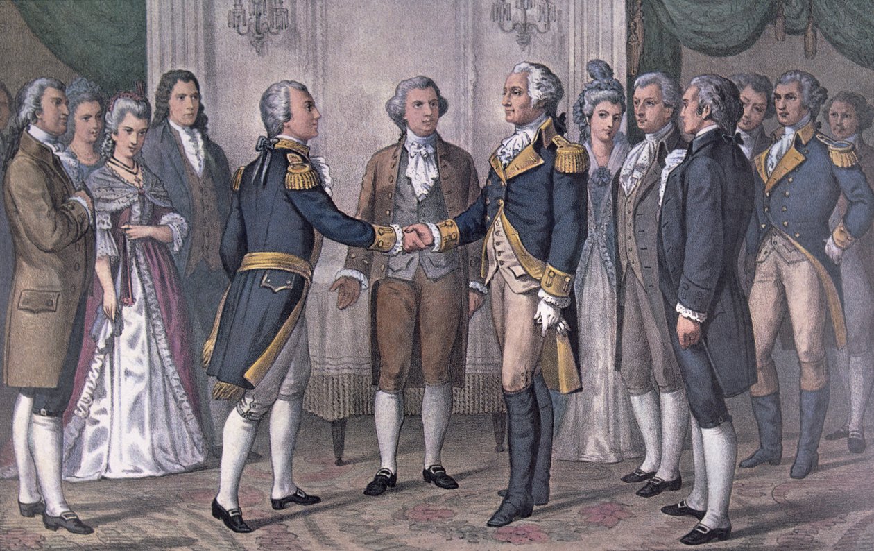 George Washington tábornok (1732-99) és de La Fayette márki (1757-1834) Philadelphia első találkozója, 1777. augusztus 3., 1876-ban publikálva (színes litó) alkotó: N. and Ives J.M. (after) Currier