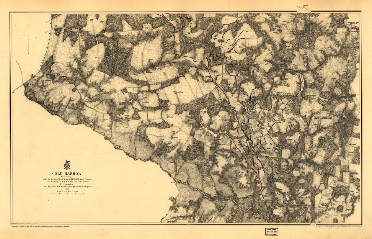 21.120. LC Polgárháborús térképek (2. kiadás), 531.3 Ebben a számban a térkép sárga háttérre van nyomtatva, a Chickahominy folyó zöld színűre festve. Utak, Virginia Central R. R., házak, kerítések, lakosok nevei, növényzet, vízelvezetés és domborzat hektár alkotó: N. Michler