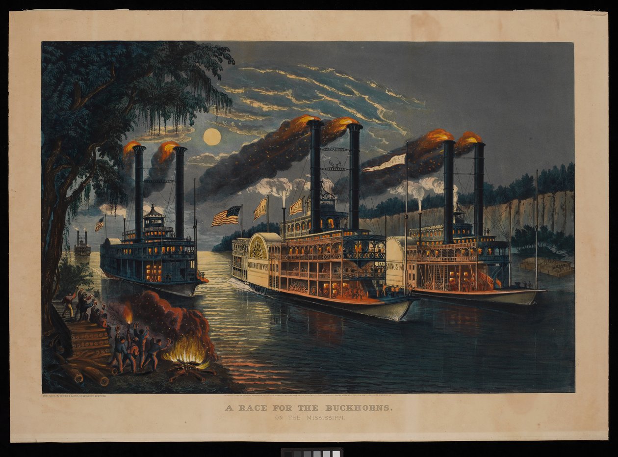Verseny a Mississippin a Buckhornsért alkotó: N. and Ives J.M. (1824 95) Currier
