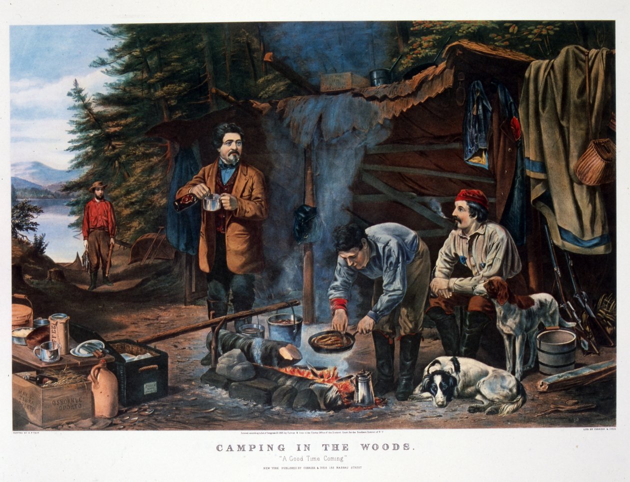 Kemping az erdőben "A Good Time Coming". Arthur Tait (Currier  Ives) alkotó: N. and Ives J.M. (1824-95) Currier