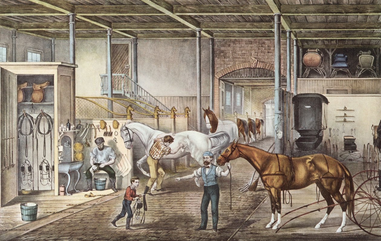 Modell istálló, ahol a fiúk és a lovászok valóban gondozzák a lovakat, metszet Currier és Yves "Amerika" című könyvéből 1870-ben. alkotó: N. and Ives J.M. (1824 95) Currier
