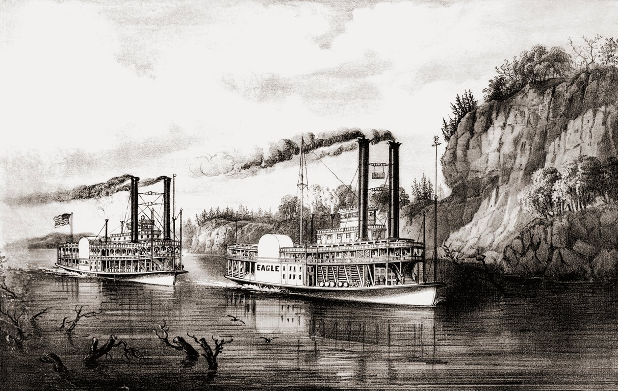 Gőzhajók versenyeznek a Mississippi folyón, USA. alkotó: N. and Ives J.M. Currier