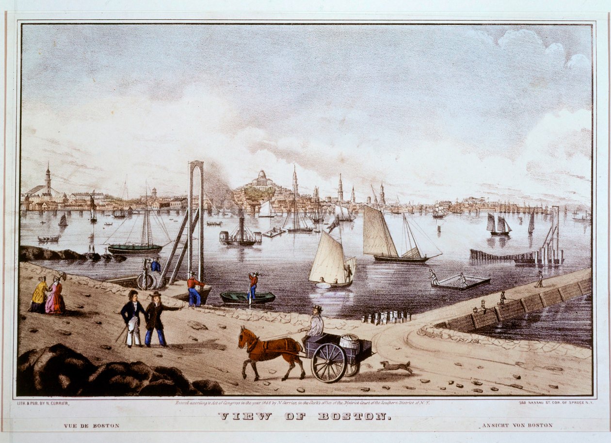 Boston látképe a bostoni kikötővel ... (színes nyomat) alkotó: N. and Ives J.M. (1824-95) Currier