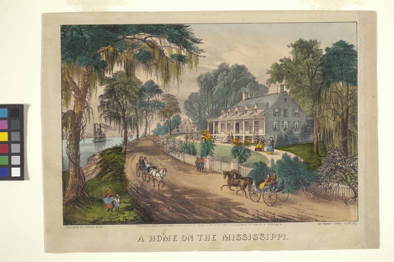 Otthon a Mississippin (kézzel színezett litográfia) alkotó: N. and Ives J.M. (1824 95) Currier