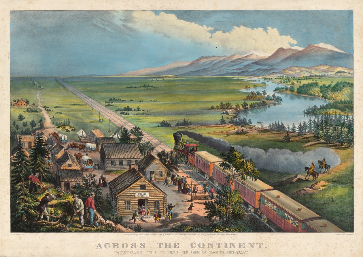 Az egész kontinensen: „Nyugat felé a Birodalom pályája utat tör magának” alkotó: Currier and Ives