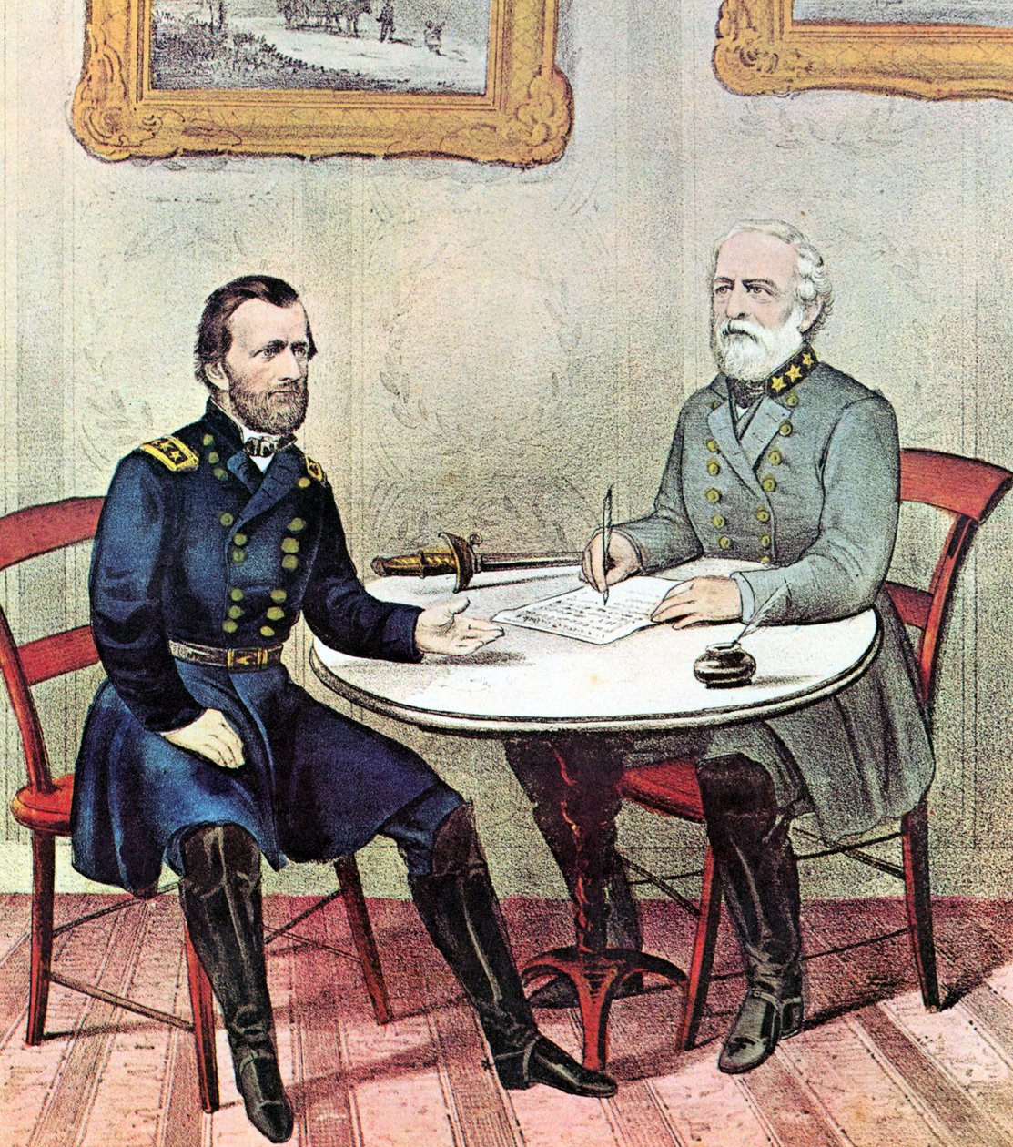 Amerikai polgárháború: Grant (balra) és Lee tábornokok találkozója 1865 pálmavasárnapján, hogy kidolgozzák Lee észak-virginiai hadseregének megadásának feltételeit. alkotó: N. and Ives J.M. (1824 95) Currier