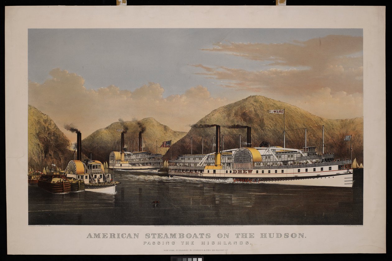 Amerikai gőzhajók a Hudsonon. Átkelés a Felvidéken. Drew, St John és Excelsior alkotó: N. and Ives J.M. (1824 95) Currier