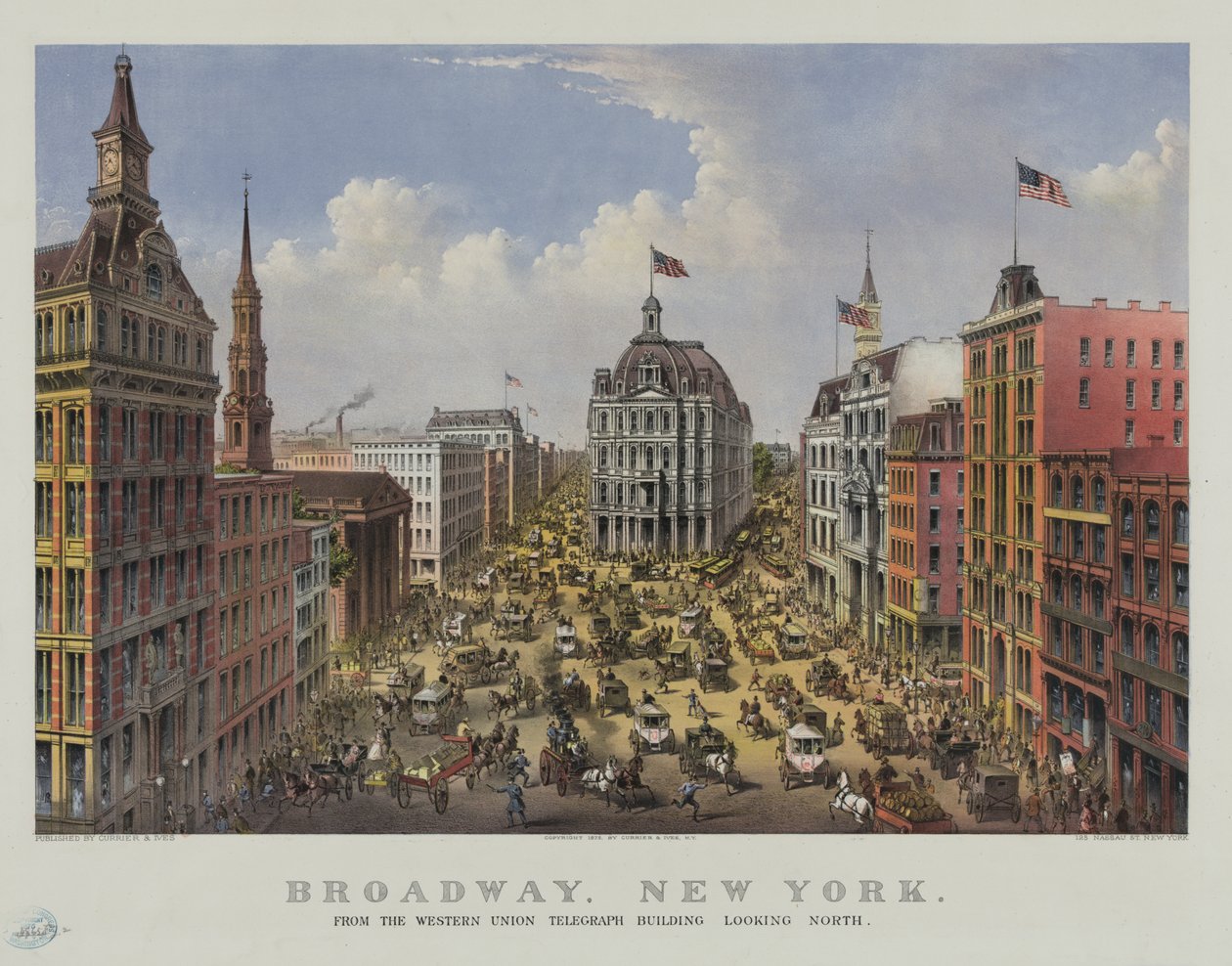 Broadway, New York a Western Union távíró épületéből északra néz alkotó: Currier and Ives