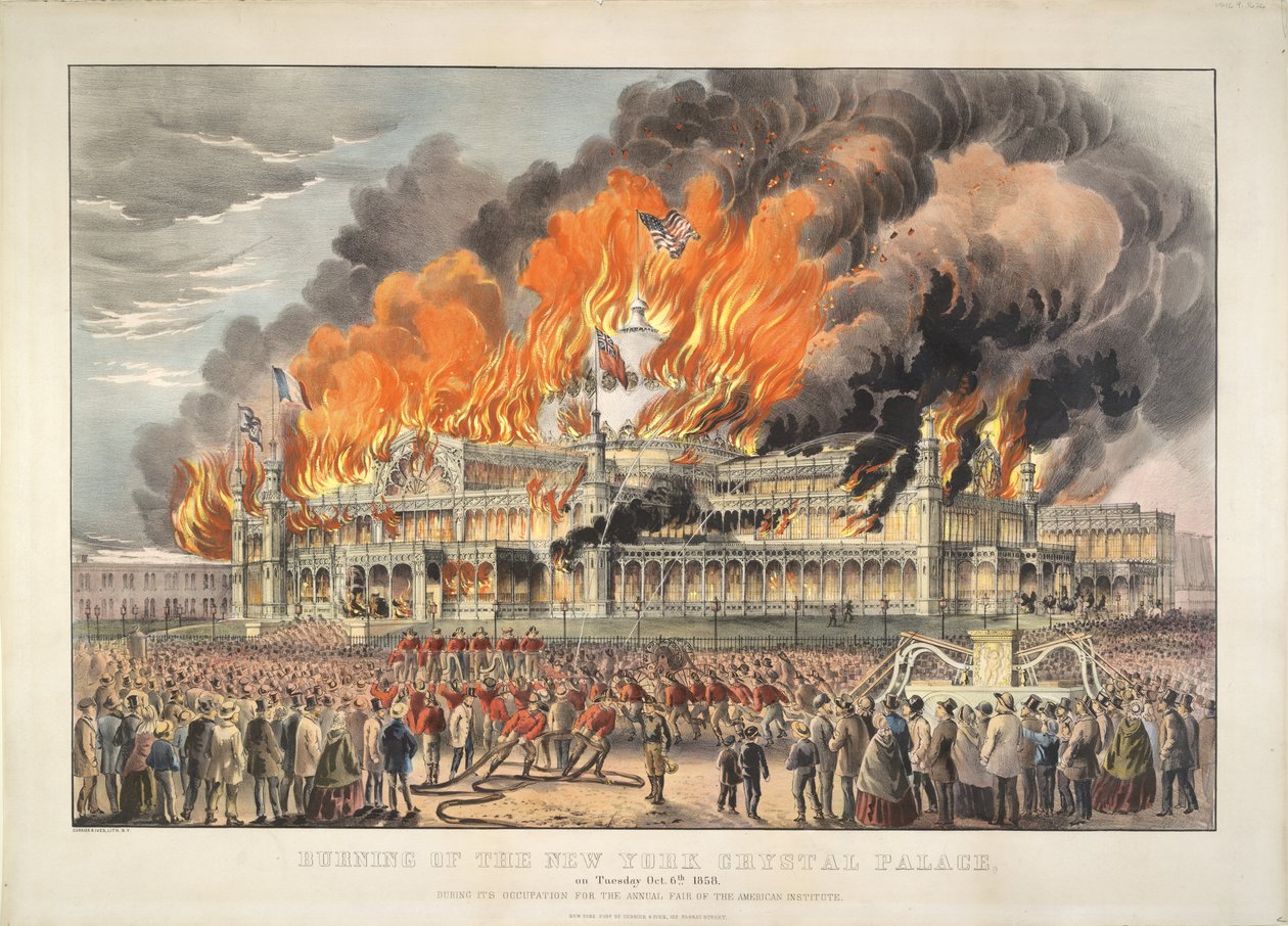 A New York-i Kristálypalota leégése 1858. október 5-én, kedden (színes litográfia)   Színes litográfia alkotó: Currier and Ives