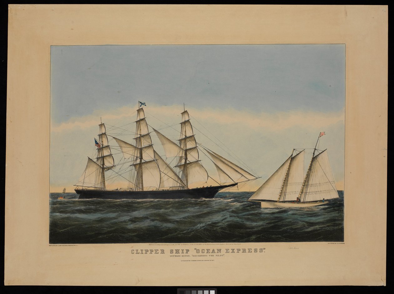 Az Ocean Express Clipper hajó kifelé tartva "a révkalauz kirakása" alkotó: N. and Ives J.M. (1824 95) Currier