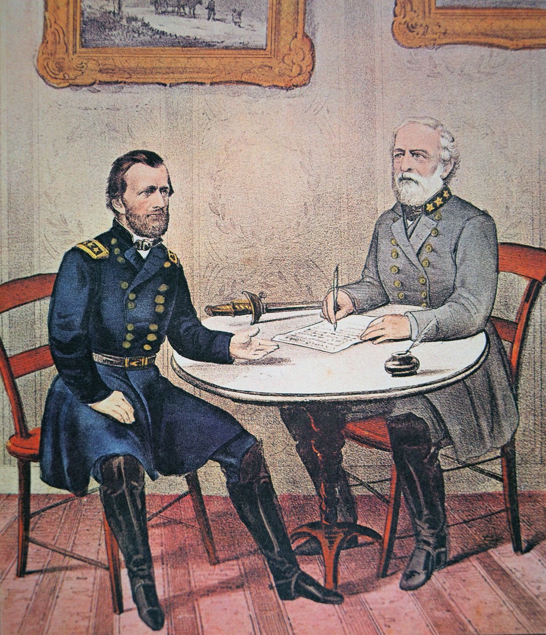 Robert E. Lee tábornok (1807-70) megadja magát Ulysses S. Grant (1822-85) tábornoknak az Appomattox-i bíróságon, 1865. április 9-én (színes litó) alkotó: Currier and Ives