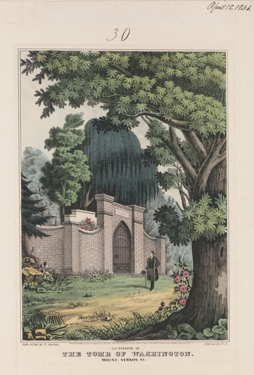 La Fayette Washington sírjánál – Mount Vernon Va. 1845 (színes litográfia) alkotó: Currier and Ives
