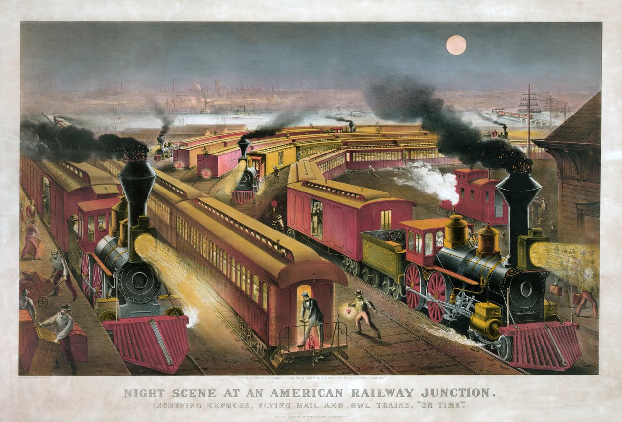 Éjszakai jelenet egy amerikai vasúti csomópontban, Currier & Ives alkotó: Currier and Ives