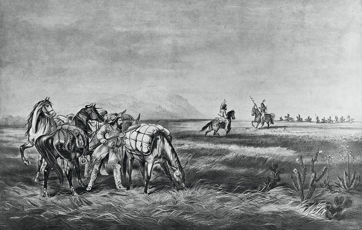 Béke vagy háború, Találkozás az indiánok és a fehér vadászok között, kiadó: Colin Simkin alkotó: Currier and Ives