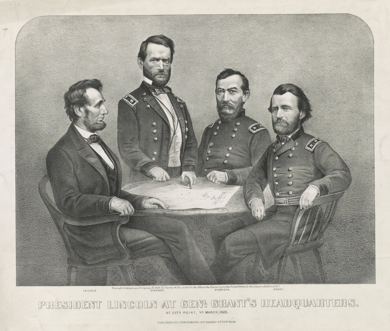 Lincoln elnök a Genl. Grant székhelye, 1865 körül (kőnyomat) alkotó: Currier and Ives