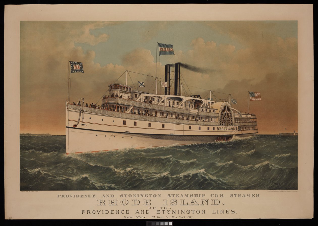 A Providence and Stonington Steamship Co. gőzhajója, a Rhode Island a Providence and Stonington Lines hajótársasághoz tartozik. alkotó: N. and Ives J.M. (1824 95) Currier