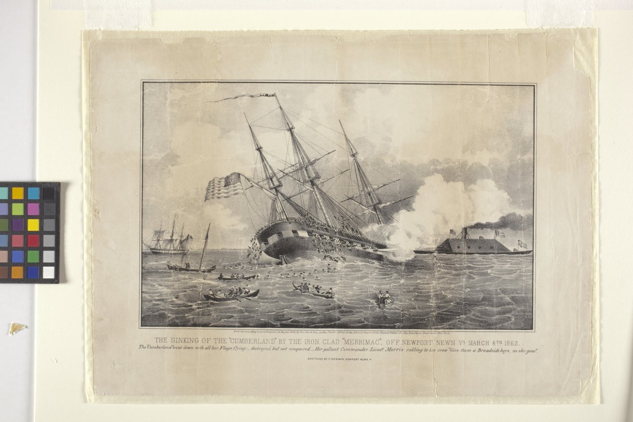 Cumberland elsüllyedése – A vaskalapos "Merrimack" (litográfia) alkotó: N. and Ives J.M. (1824 95) Currier