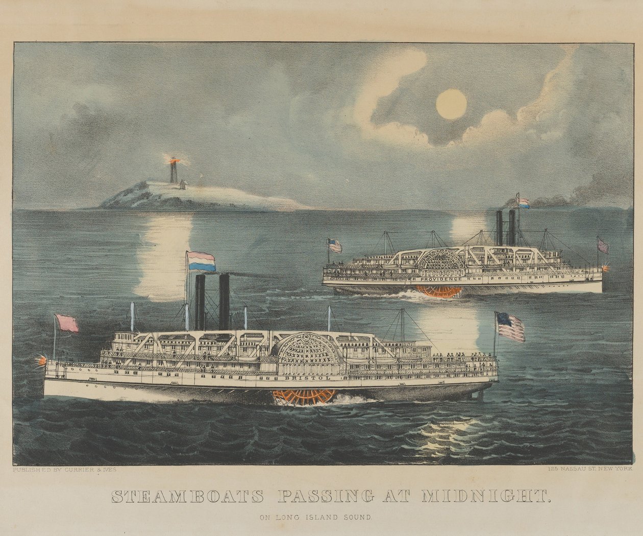 Éjfélkor elhaladó gőzhajók Long Island Soundon alkotó: Currier and Ives