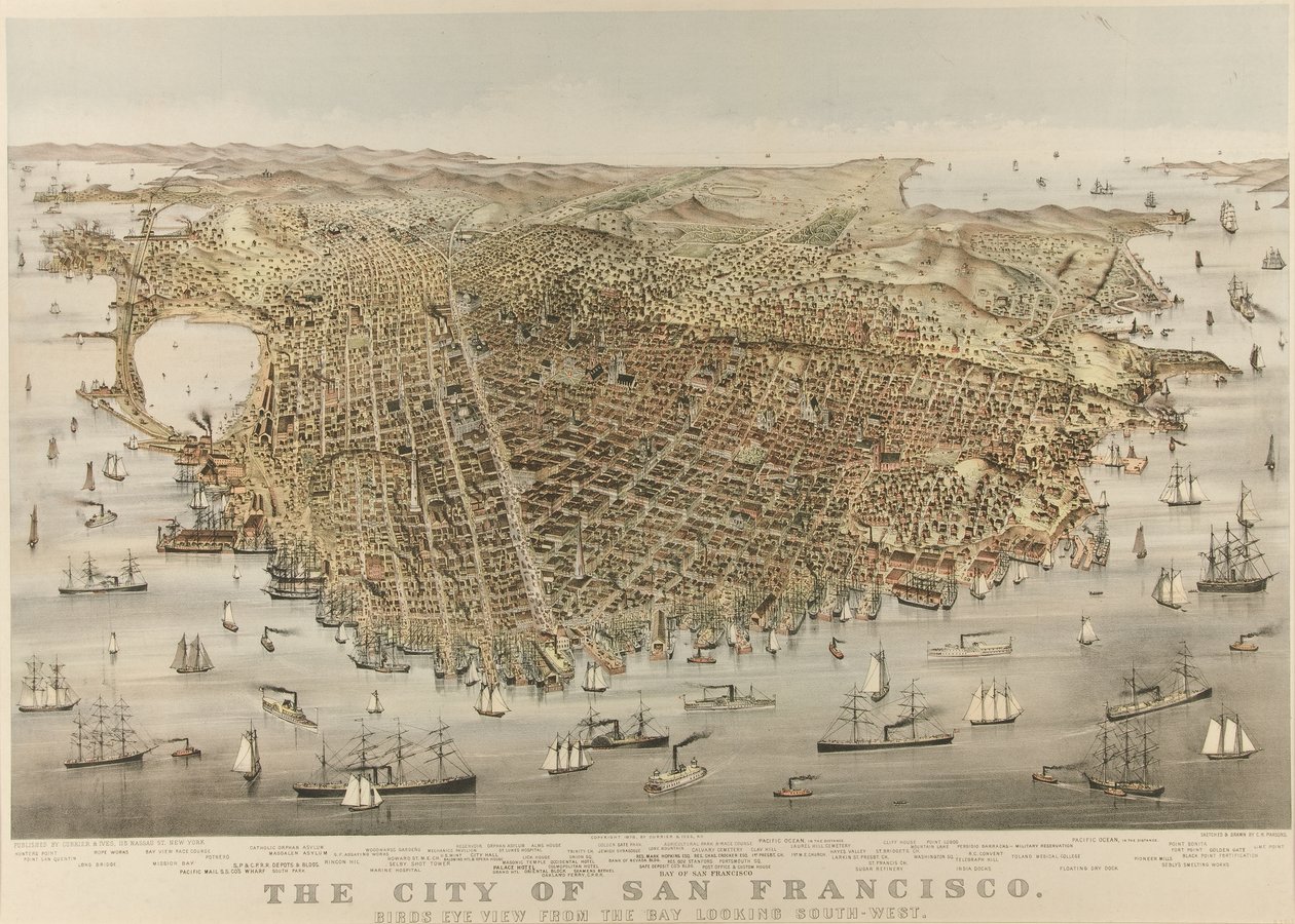 San Francisco városa – madártávlat az öbölből, délnyugatra nézve alkotó: Currier and Ives