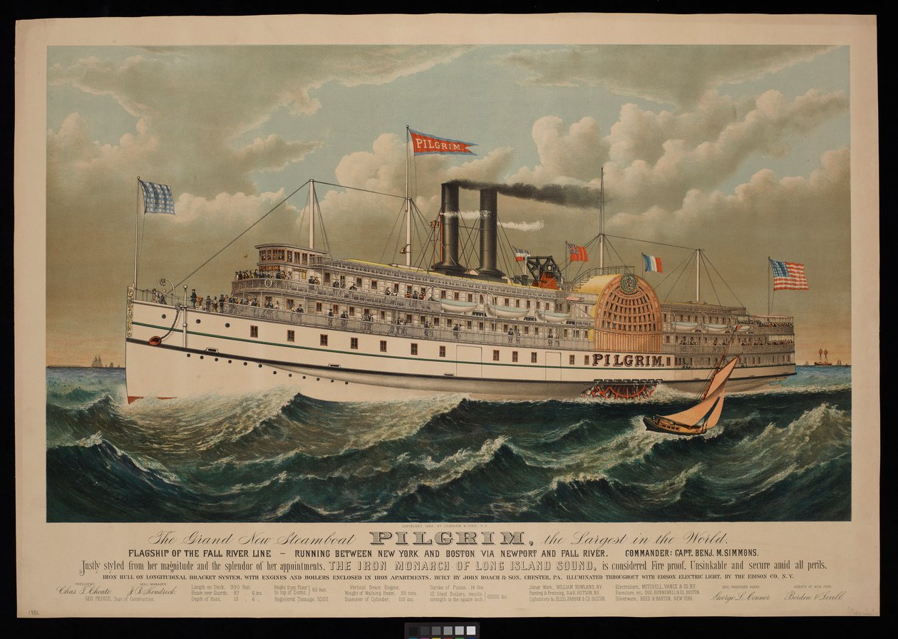 A Grand New Steamboat Pilgrim, a világ legnagyobb gőzhajója. A Fall River Line zászlóshajója - New York és Boston között Newporton és Fall Riveren keresztül közlekedik. alkotó: N. and Ives J.M. (1824 95) Currier