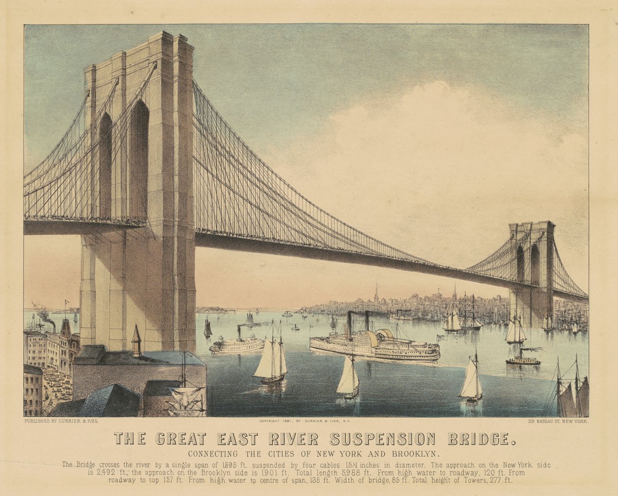 A New York-i és Brooklyn városát összekötő Great East River függőhíd alkotó: Currier and Ives